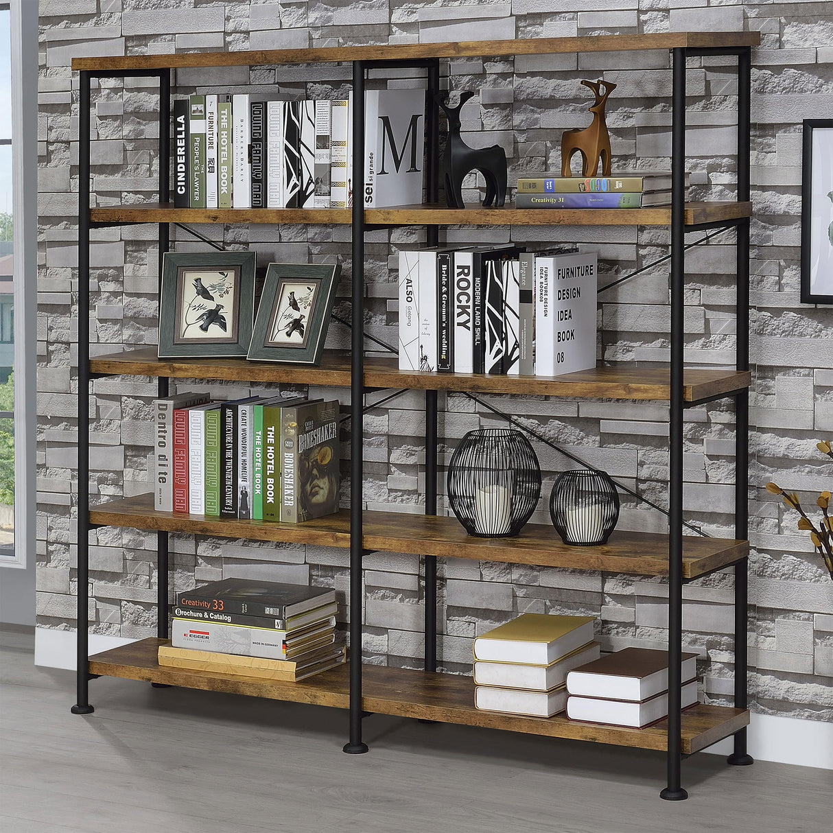Coaster Home Furnishings Analiese Rustic Industrial 4-Tier Double Bookcase Etagere Bookshelf Office Storage Book Shelf Engineered Eco-Friendly Wood Laminate Sturdy Black Steel Rustic Nutmeg 801543 Coaster Home Furnishings
