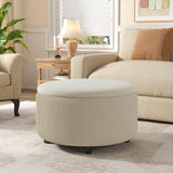 Vabches 30inch Round Storage Ottoman with Hidden Storage, Modern Ottoman Coffee Table with Removable Wood Top, Upholstered Foot Stool for Living Room, Sofa Side, Bedroom, Office (Beige, 30" W) Vabches