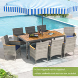 Tangkula 9 Pieces Patio PE Wicker Dining Set, Outdoor Acacia Wood Table and Chairs for 8 with Cushions and 2" Umbrella Hole, Outdoor Dining Furniture Set for Deck, Garden and Yard (Mix Grey+Navy) Tangkula