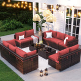 VONZOY Patio Furniture Set, 12-Piece Outdoor Sectional with Waterproof Cover, All-Weather Wicker Patio Conversation Sets for Backyard (Brown with Red Cushion) VONZOY