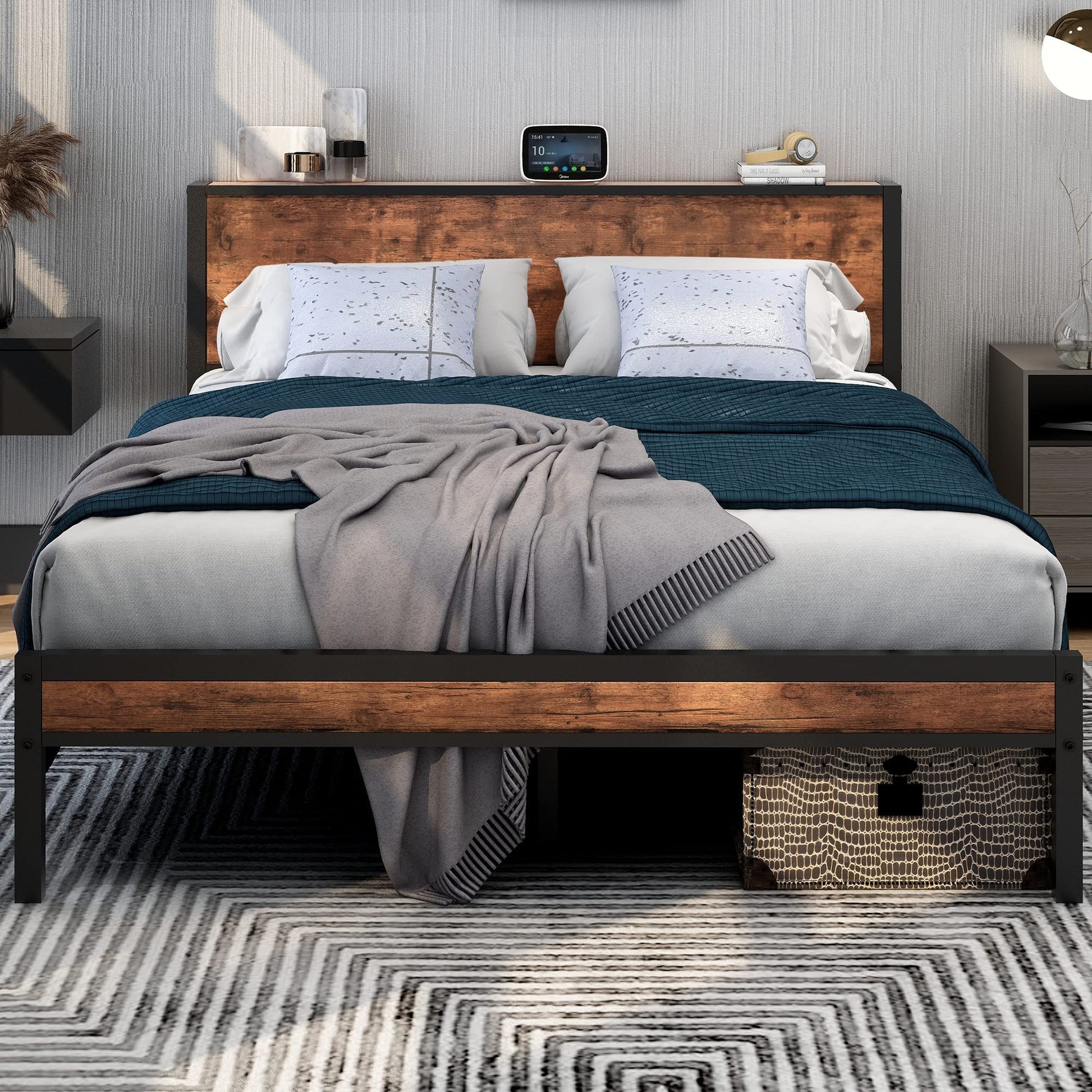 DUMEE Queen Size Bed Frame with Wood Storage Headboard - Metal Platform Design, No Box Spring Needed, Noise-Free, Black & Rustic Brown - WoodArtSupply