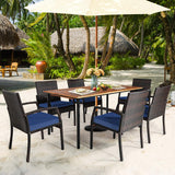 HAPPYGRILL 7 Pieces Patio Dining Set Outdoor Furniture Rattan Wicker Dining Set with Umbrella Hole, Powder Coated Steel Frame, Acacia Wood Dining Table and Armchairs with Removable Cushions HAPPYGRILL
