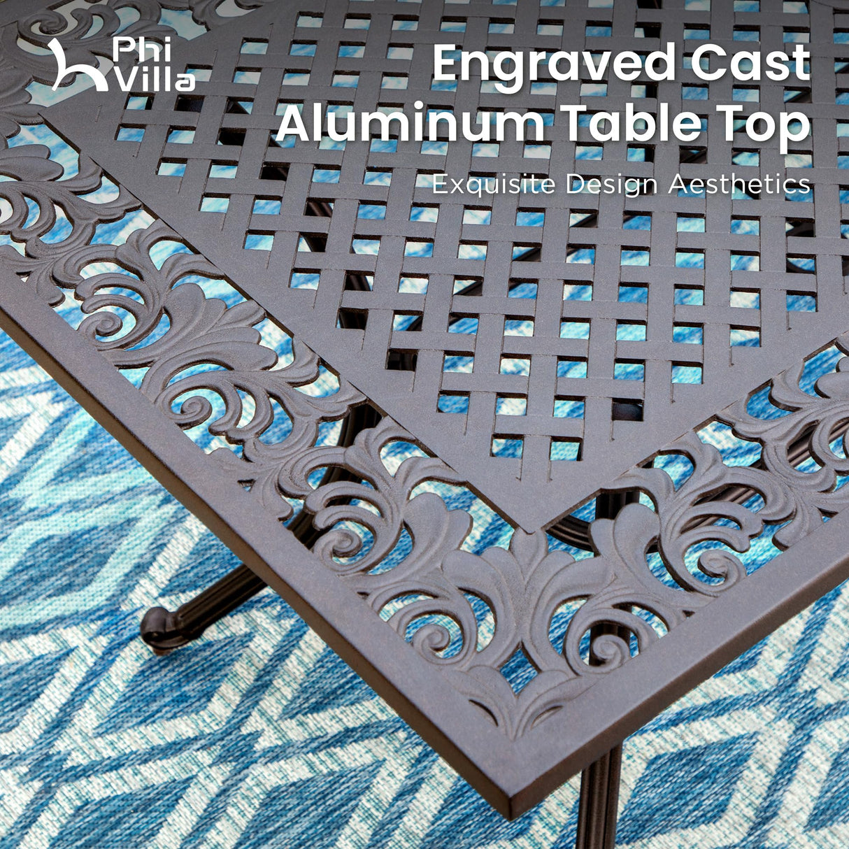 PHI VILLA Cast Aluminum Patio Dining Set for 6 Person, 7 Piece Outdoor Patio Set with 63" x 37.4" Cast-Top Aluminum Table(2.3" Umbrella Hole) and 6 Swivel Rockers Dining Chairs with Cushions PHI VILLA