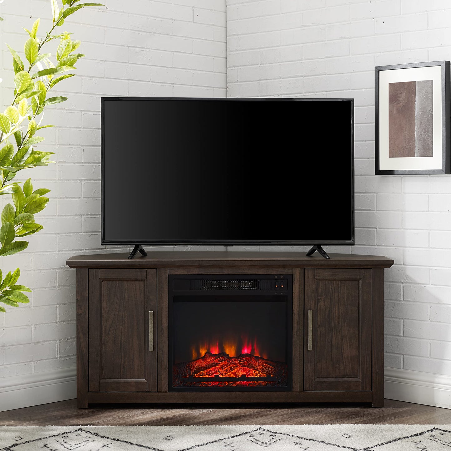 Crosley Furniture Camden Corner Fireplace TV Stand for 50+ inch TVs, Entertainment Center with Storage Shelves, Dark Walnut