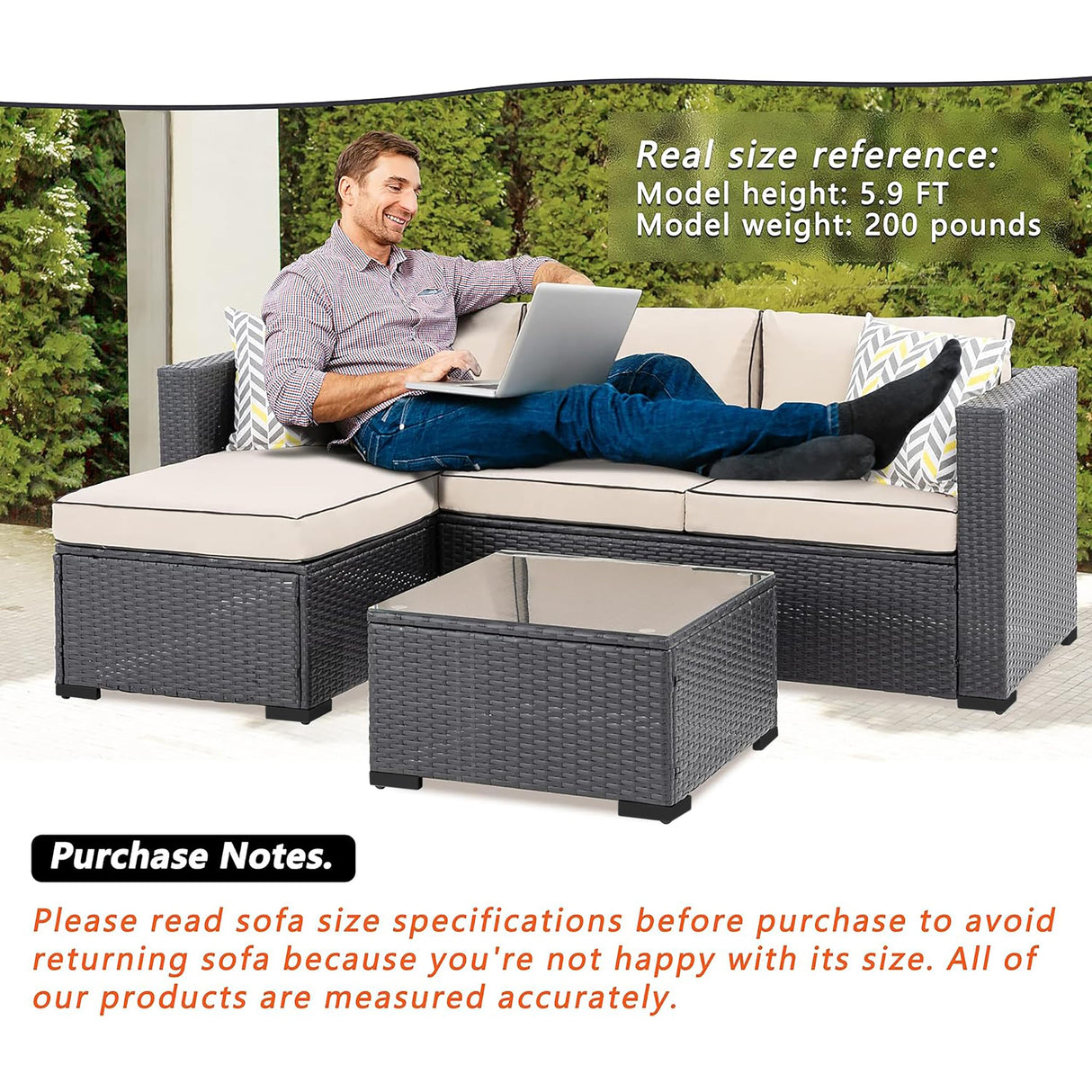 Shintenchi 3 Pcs Patio Furniture Set,Outdoor Sectional Black Wicker Patio Conversation Set,All-Weather Rattan Patio Couch with Washable Cushions and Glass Coffee Table(Khaki) Shintenchi