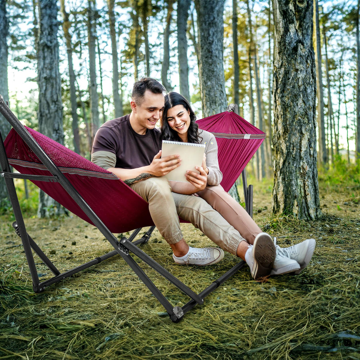 Tranquillo Double Hammock with Stand Included for 2 Persons/Foldable Hammock Stand 600 lbs Capacity Portable Case - Inhouse, Outdoor, Camping, Red Tranquillo