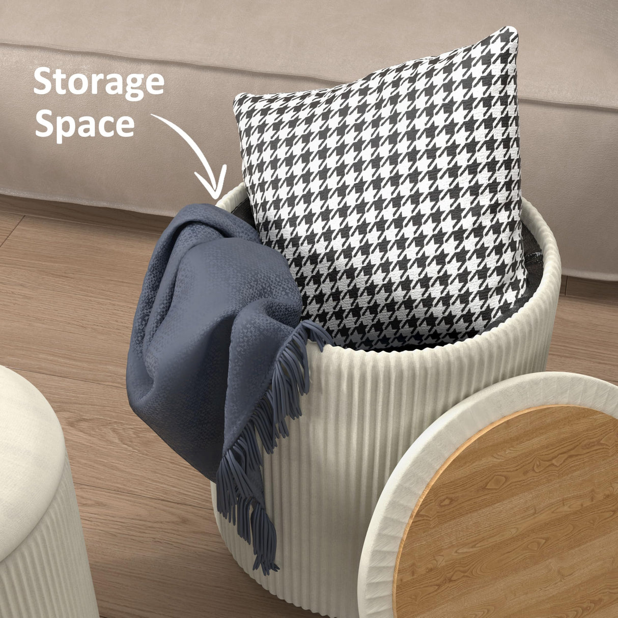 VENDORZ Round Ottoman Vanity Stool with Storage Set of 2, Beige Velvet Round Ottoman with Storage, Multifunctional Round Storage Ottoman Foot Rest, Storage Ottoman Round with Storage for Living Room VENDORZ