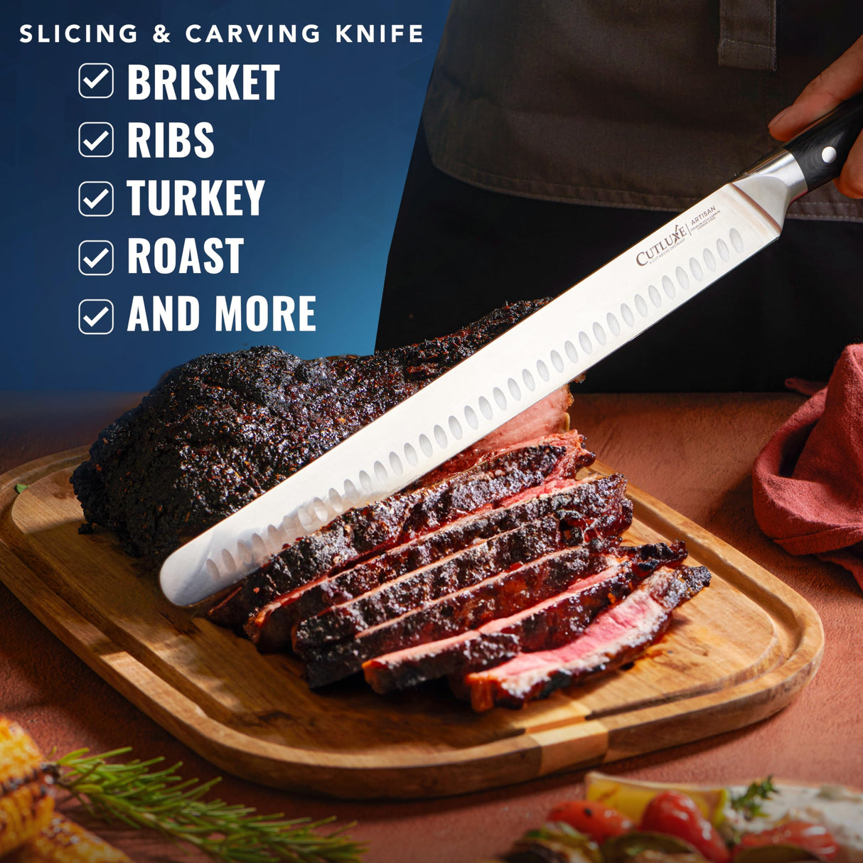 Cutluxe Slicing Carving Knife – 12" Brisket Knife, Meat Cutting and BBQ Knife – Razor Sharp German Steel, Sheath Included, Full Tang, Ergonomic Handle Design – Artisan Series Cutluxe