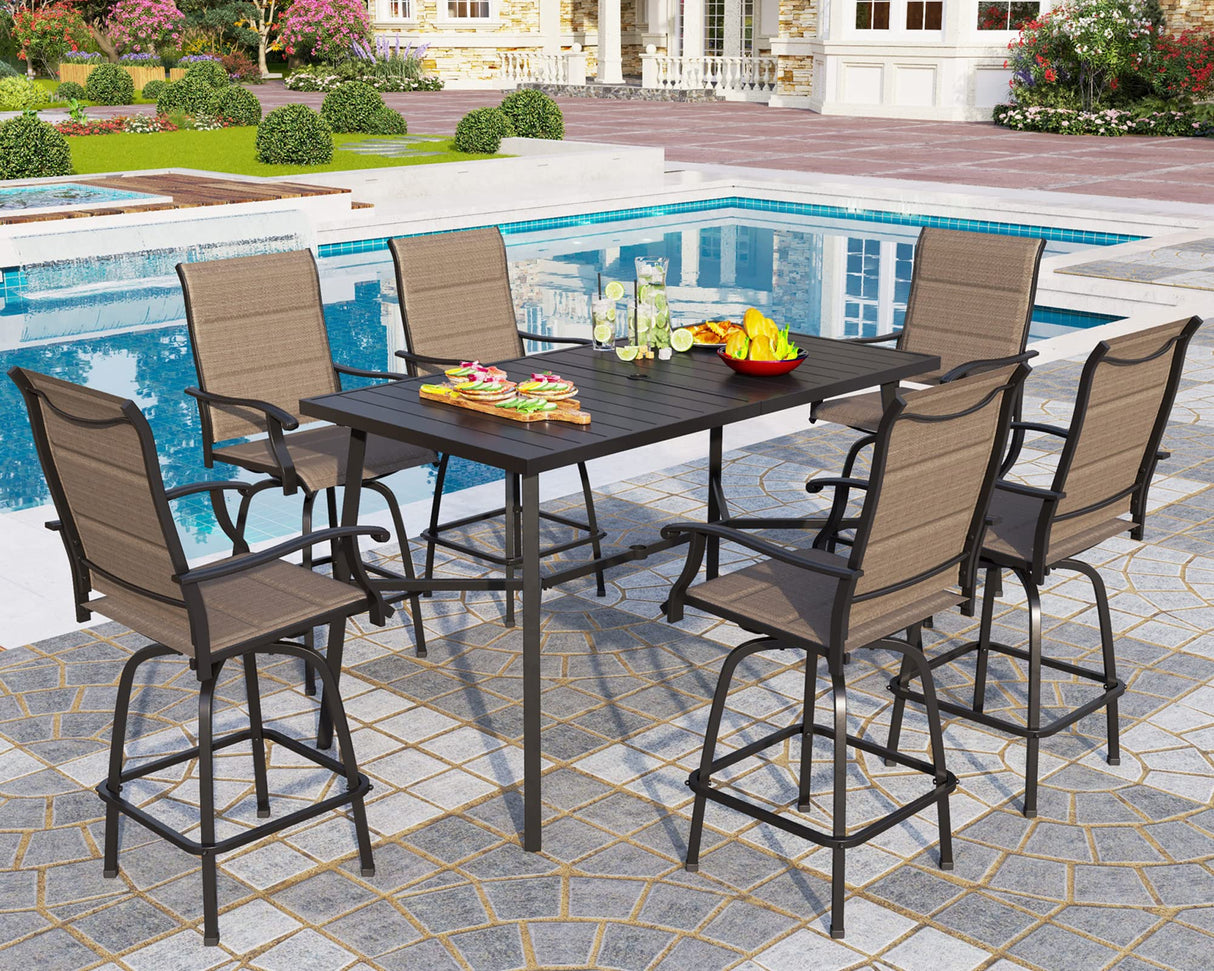 PHI VILLA 7 Piece Patio Bar Dining Set, Bar Height Outdoor Table and Chairs with 6 Swivel Bar Stools (Padded Textilene) & Large Rectangle Metal Table for Deck, Garden and Yard PHI VILLA