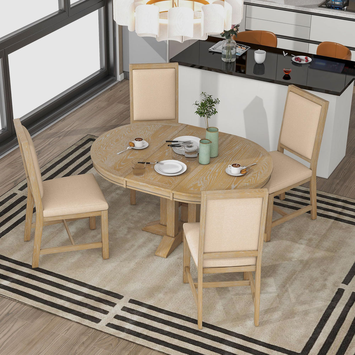 Bellemave 5-Piece Round Dining Table Set for 4 Round Extendable Kitchen Table Set with 4 Upholstered Chairs Farmhouse Round to Oval Dining Room Set for Kitchen, Dining Room (Natural Wood Wash) Bellemave