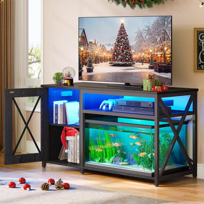 DWVO 55-75 Gallon Aquarium Stand with Power Outlets & LED Light, Cabinet for Fish Tank Accessories Storage - Metal Fish Tank Stand Suitable for Turtle Tank, Reptile Terrarium, 860LBS Capacity - WoodArtSupply