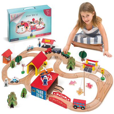 KipiPol Train Set - 69 Pieces Wooden Train Tracks & Trains for Kids, Toddler Boys and Girls 3,4,5 Years Old and Up– Premium Wood Construction Toys -Fits Thomas, Brio, IKEA, Melissa and Doug
