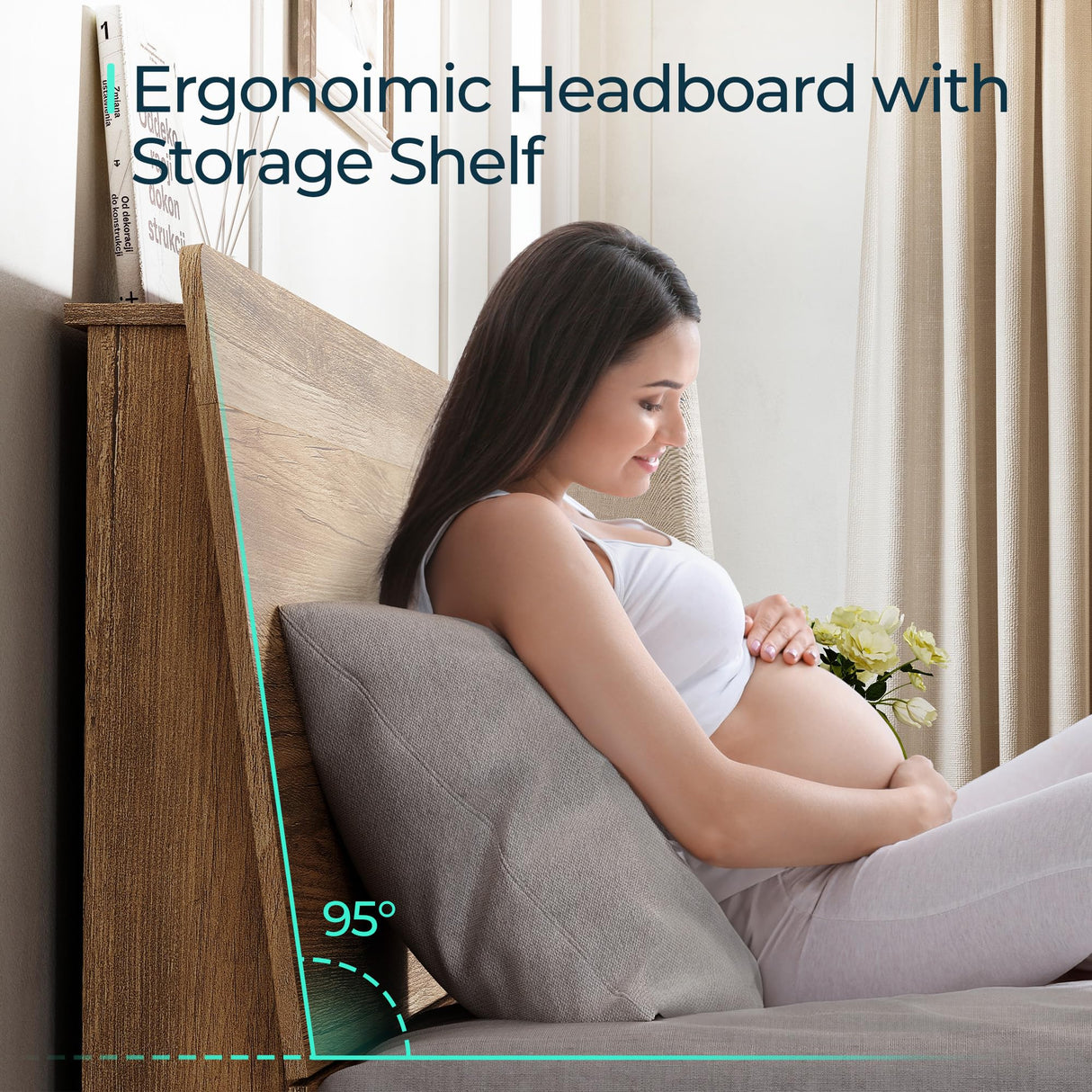 LINSY Wood Full Size Bed Frame with Ergonomic Headboard, Farmhouse Beds Frame Full with Storage Shelf, 45-Min Fast Assembly Wood Bed Full, Noise-Free, No Box Spring Needed - Brown LINSY