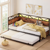 LIKIMIO Daybed with Trundle, Metal Twin Size Bed Frame with Charging Station and LED Lights, Sofa Day Bed with Strong Supports for Living Room, Bedroom and Guest Room LIKIMIO