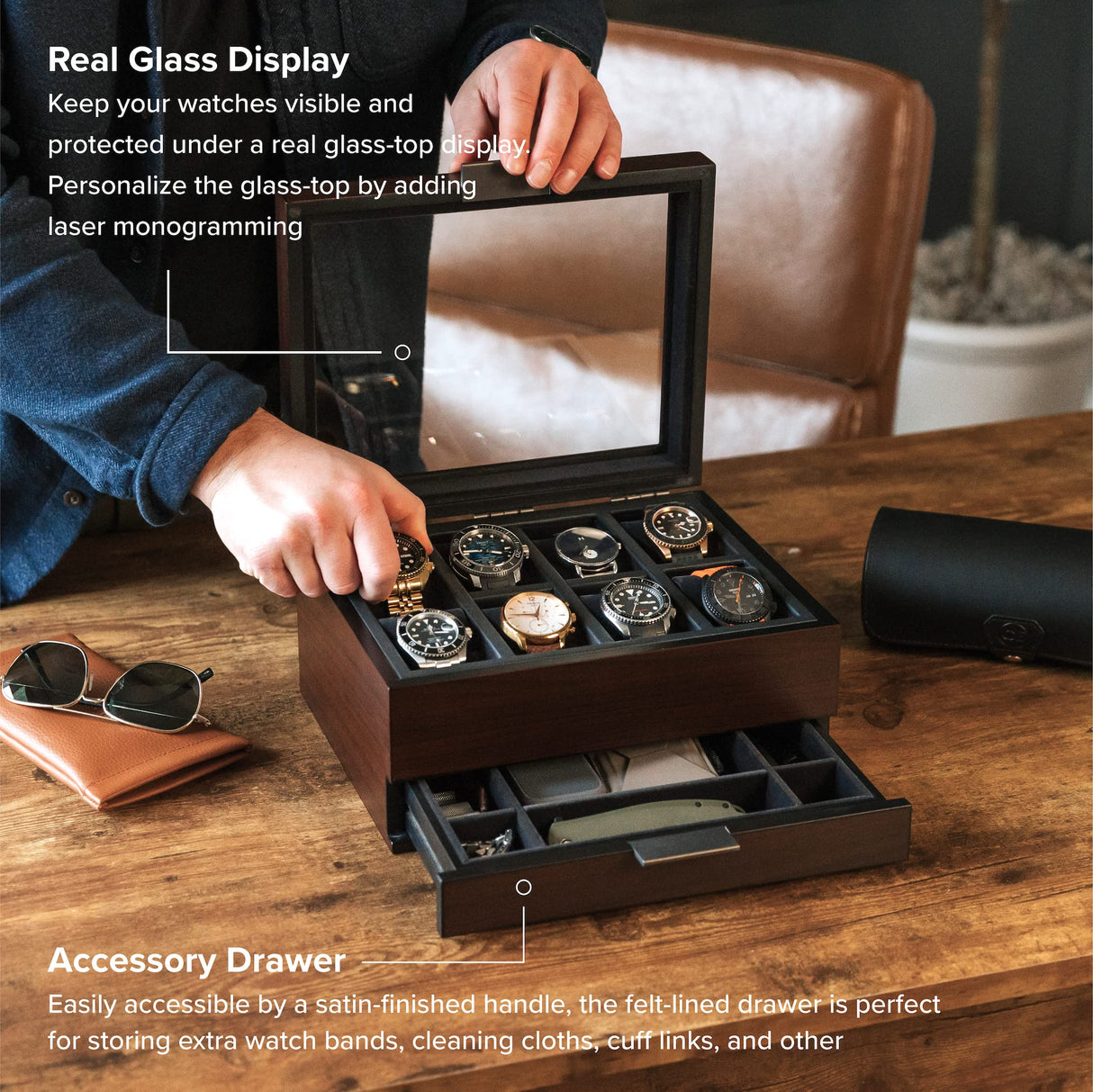 CASE ELEGANCE 8 Slot Watch Box Case Organizer for Men, Cherry Wood Walnut Finish, Watch Display Case, Modular Valet Tray, Apple Watch Compatible with Apple Watch Stand, Accessory Drawer, Pillow Stands CASE ELEGANCE