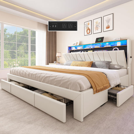 YITAHOME King Size Bed Frame, Storage Bed Frame with 4 Drawers & LED Light, Platform Bed with Storage Upholstered Headboard and Charging Station, No Box Spring Needed, Easy Assembly, Beige YITAHOME