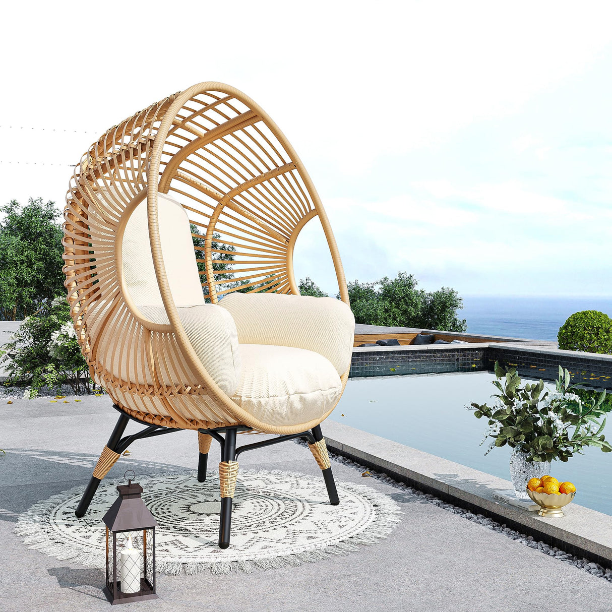 LUTINLIX Oversized Wicker Egg Chair Outdoor Indoor,Patio Lounge Chair with Thicken Cushions & Durable Steel Frame, Egg Basket Chair 500lbs Capacity for Garden, Backyard, Porch,Bedroom (Beige-Regular) LUTINLIX