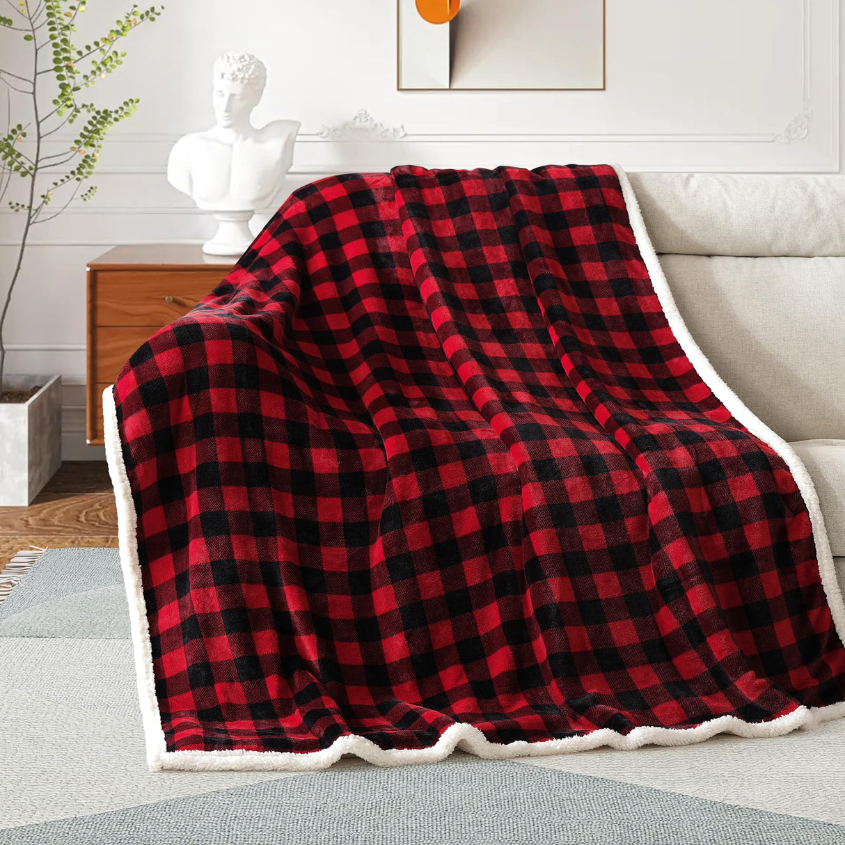 BEAUTEX Christmas Sherpa Fleece Throw Blanket, Super Soft Warm Buffalo Plaid Plush Blankets and Throws, Warm Winter Cozy Fuzzy Blanket for Couch Sofa Bed (Red, 50" x 60") BEAUTEX