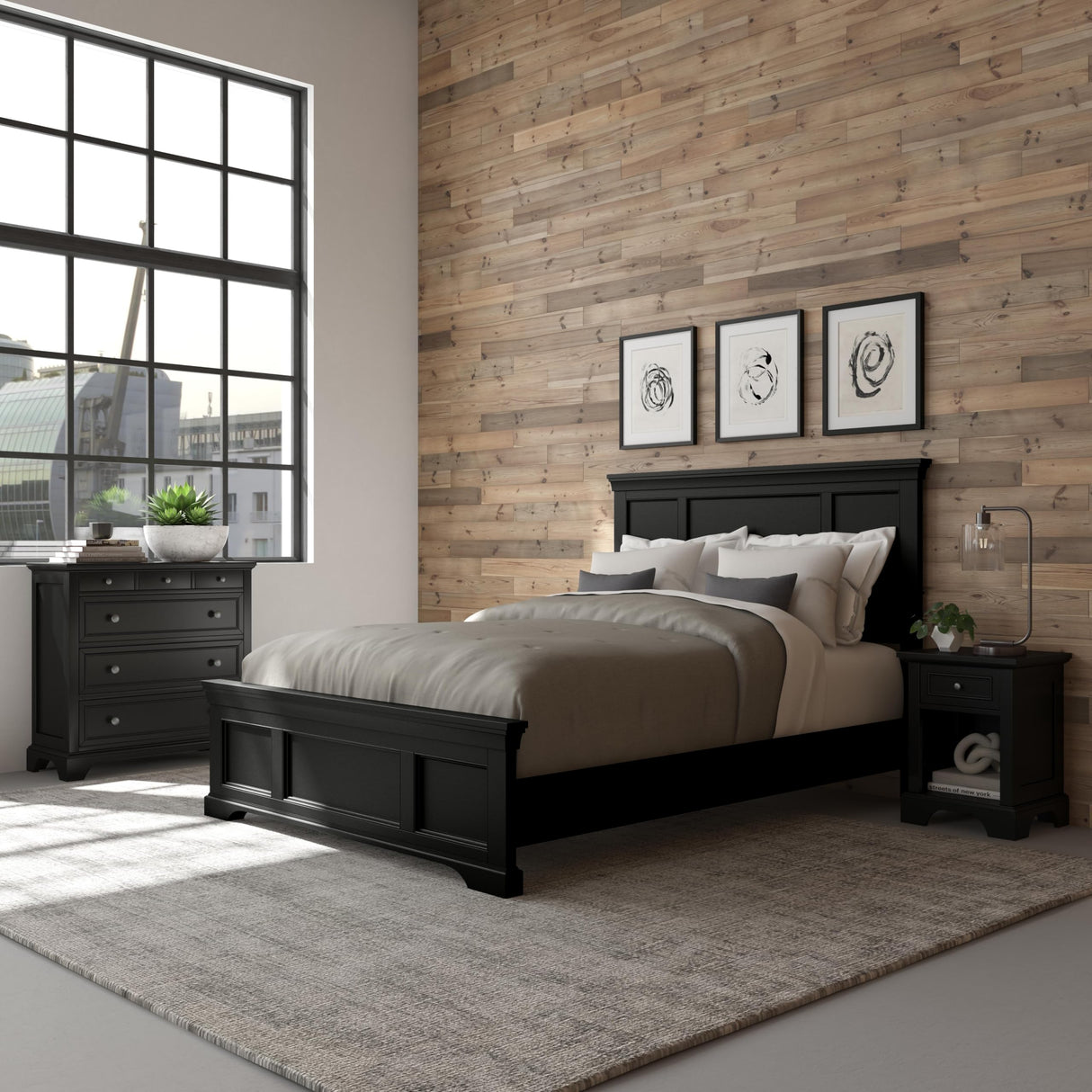 Home Styles Bedford Queen Bed Headboard, Footboard, Rails and Matching Wood Panel Bed Chest and Nightstand Set in Black homestyles