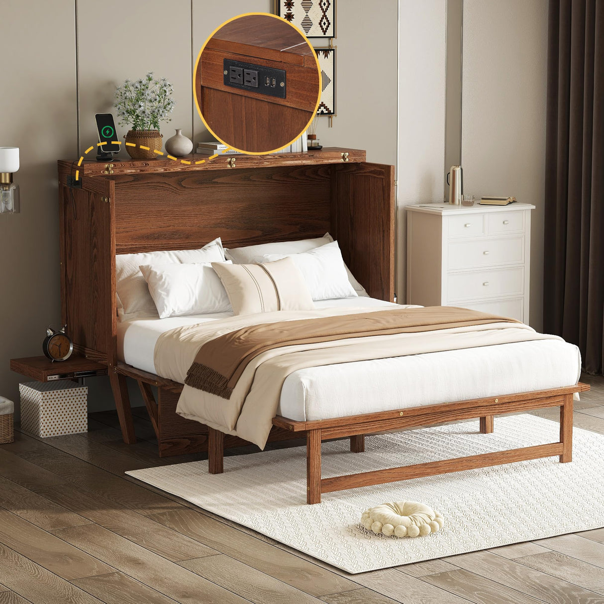 jurmiture Full Size Murphy Bed with USB Port and Removable Shelves on Each Side, Solid Pine Murphy Cabinet Bed for Home Office, Guest Room, Walnut jurmiture