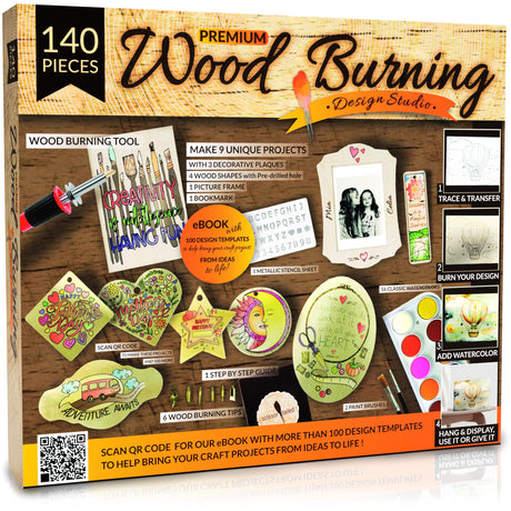 Scissor-Tailed Beginners Wood Burning Kit 140 Pieces. Best Gift Idea for Art & Craft Kit Lovers. Woodburning DIY Hobby Kits with 9 Large Wooden Plaques to Make Unique Wood Burning Projects Scissor-Tailed