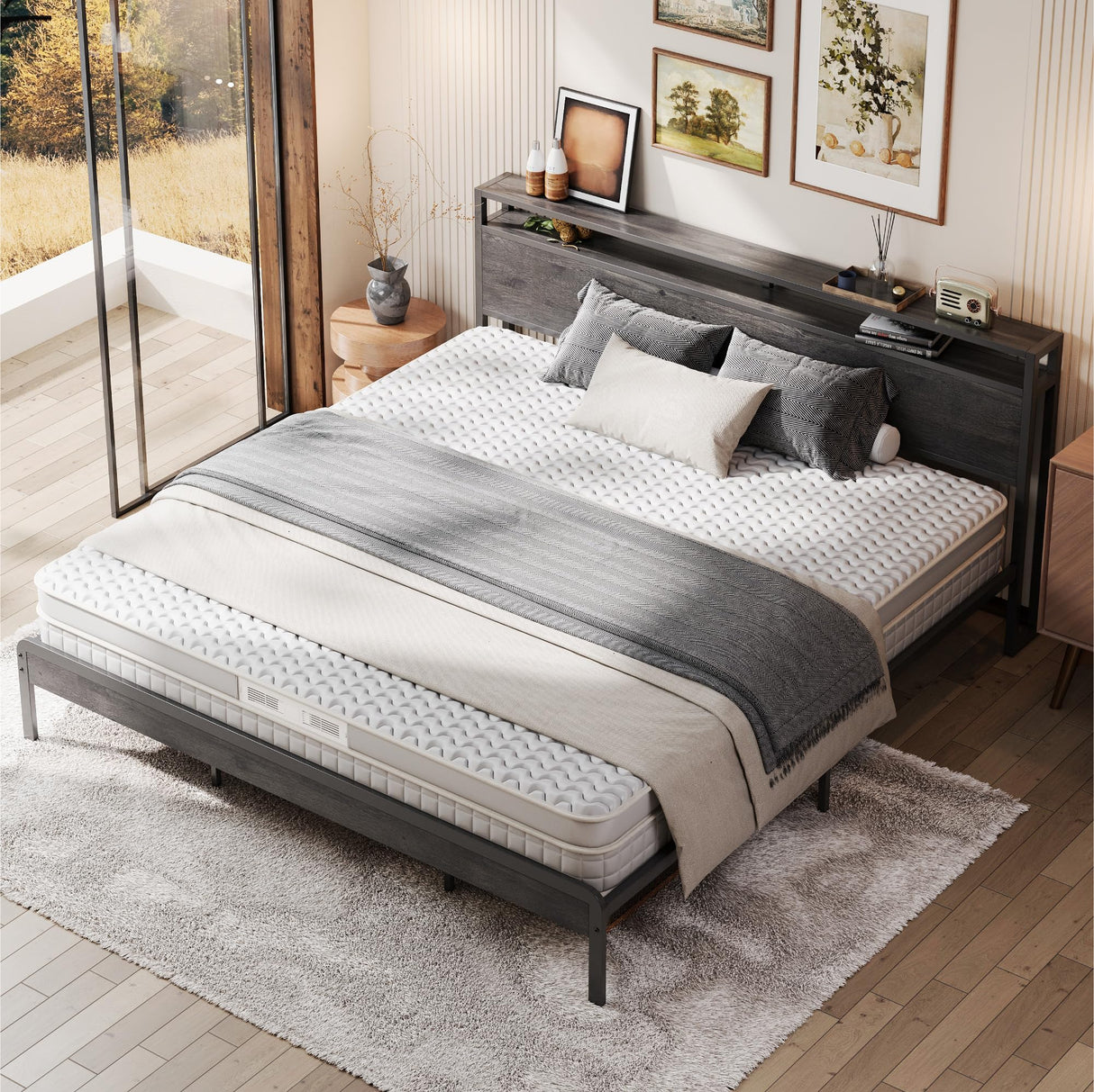 LIKIMIO King Bed Frame with Headboard, Dark Wood Camas King with Strong Supports, Sturdy, Noise-Free, No Box Spring Needed, Charcoal Grey LIKIMIO