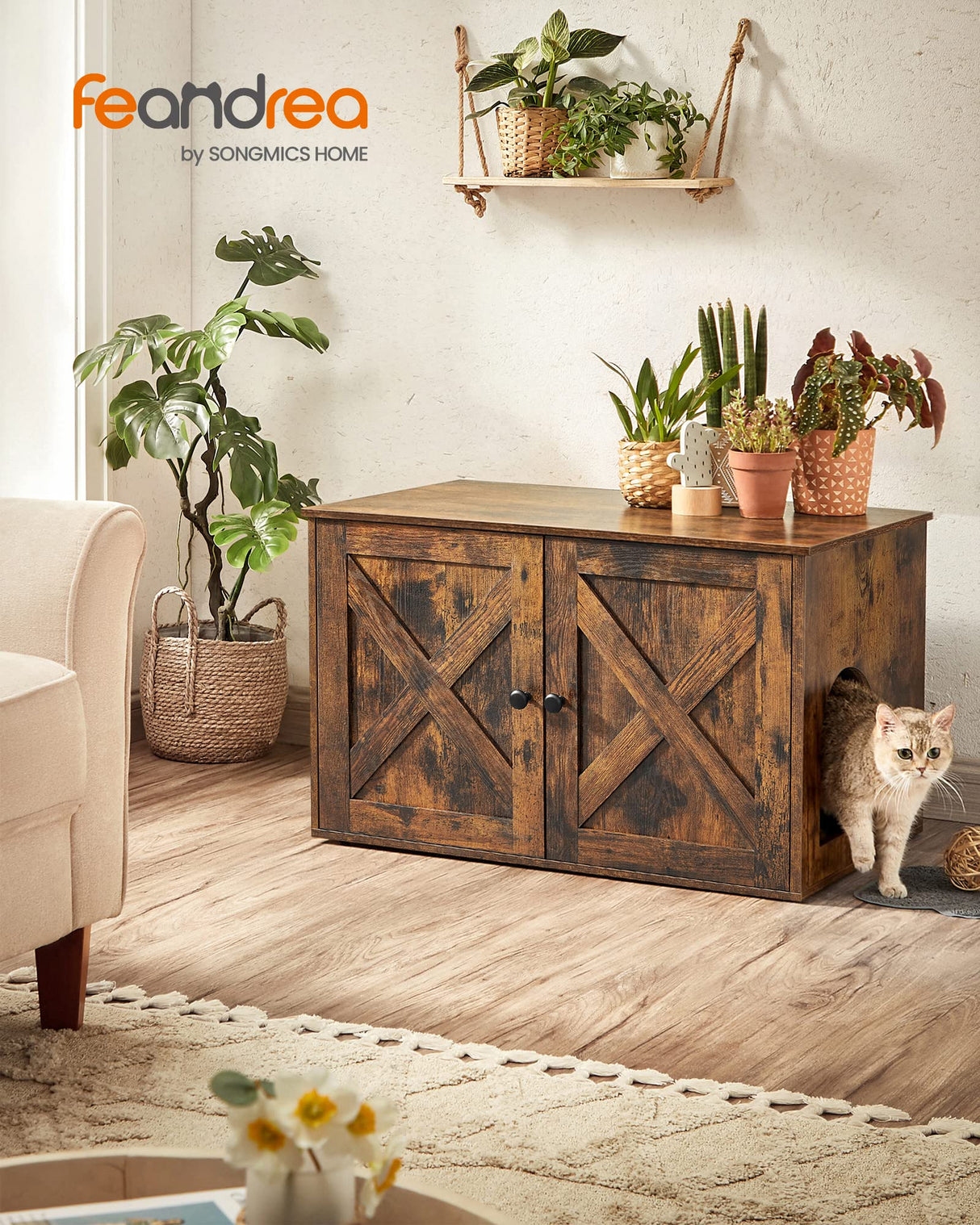 Feandrea Cat Litter Box Enclosure, Litter Box Furniture Hidden with Removable Divider, Indoor Cat House, End Table, 31.5 x 20.9 x 19.7 Inches, Rustic Brown UPCL002X01 Feandrea