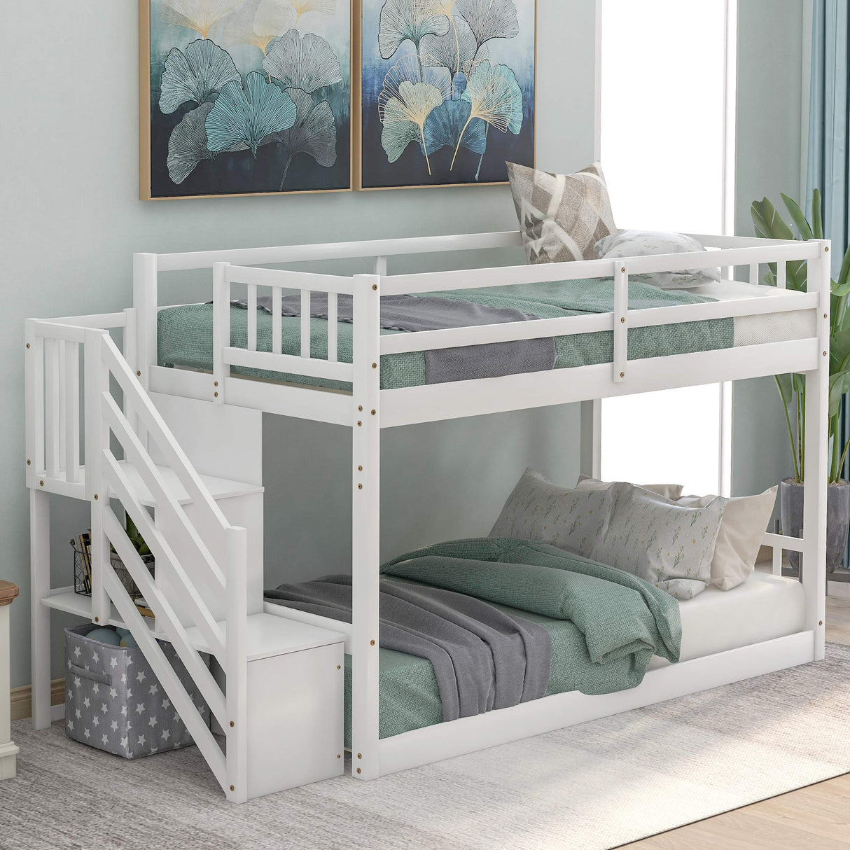 Merax Twin Over Twin Low Bunk Bed with Ladder and for Storage Staircase for Teens, Boys or Girls, No Box Sping Needed Merax