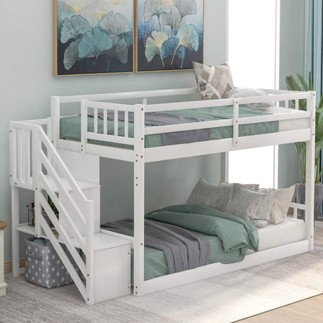 Harper & Bright Designs Low Bunk Beds Twin Over Twin Size, Solid Wood Bunk Bed with Storage and Guardrail for Kids and Toddler Harper & Bright Designs