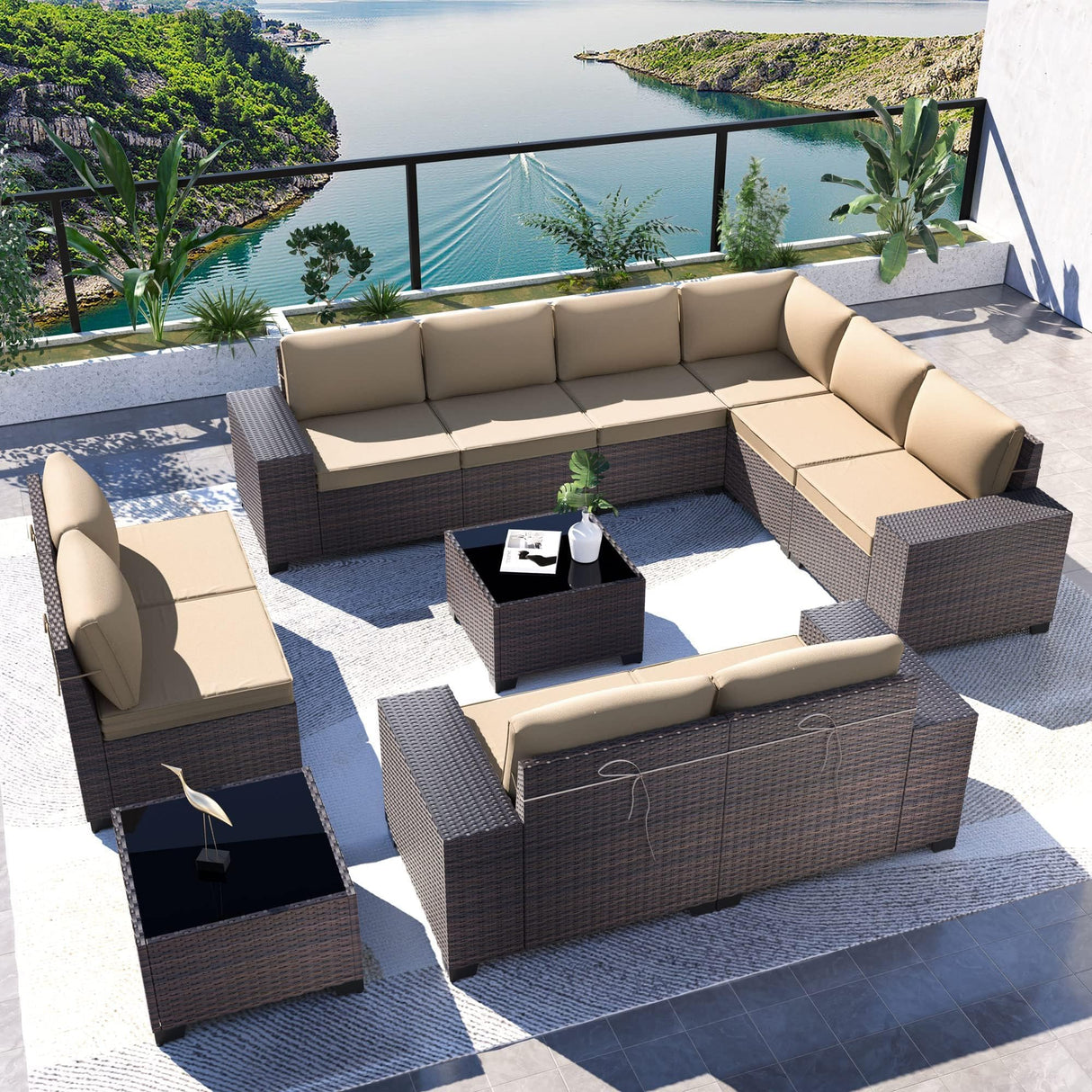 Kullavik 12 Pieces Outdoor Patio Furniture Set PE Wicker Rattan Sectional Sofa Patio Conversation Sets,Sand Kullavik