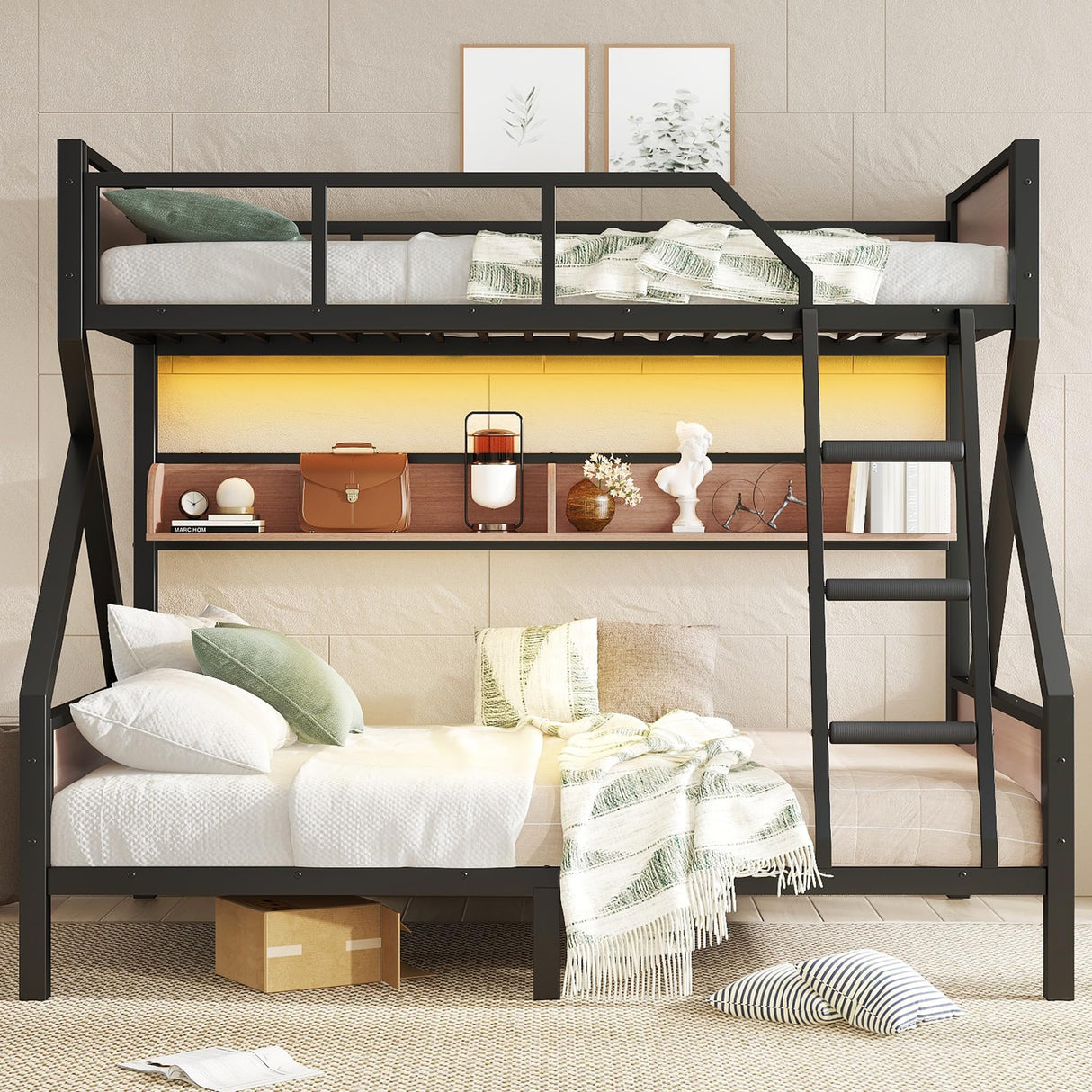 Twin Over Full Size Bunk Bed with Storage Shelves and LED Lights,Heavy Duty Adult Bunk Beds with Angled Ladder,Metal Bunk Bed Twin Over Full,Black Bellemave