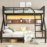 Twin Over Full Size Bunk Bed with Storage Shelves and LED Lights,Heavy Duty Adult Bunk Beds with Angled Ladder,Metal Bunk Bed Twin Over Full,Black Bellemave