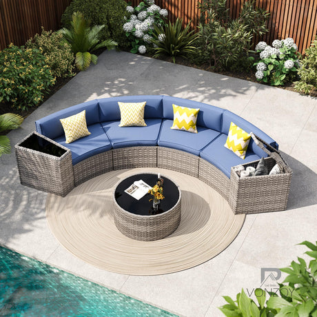 VONZOY Patio Sectional Furniture Outdoor 7-Piece Grey Rattan Curved Sofa Set with Storage Table, Fit for Pool Backyard Balcony Porch Lawn (Navy) VONZOY