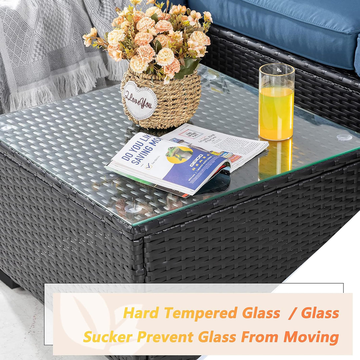 Shintenchi 3 Pcs Patio Furniture Set,Outdoor Sectional Black Wicker Patio Conversation Set,All-Weather Rattan Patio Couch with Washable Cushions and Glass Coffee Table(Navy Blue) Shintenchi