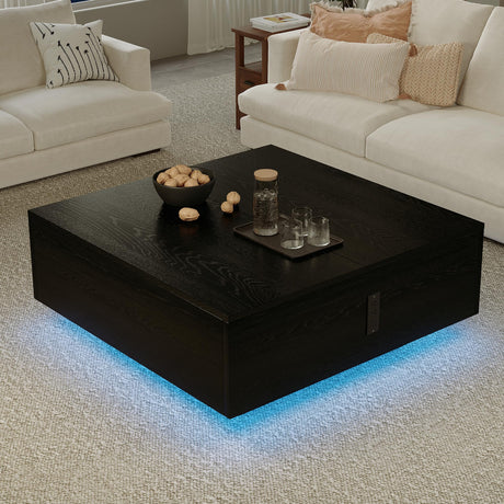 KSOBEBVT Square Wooden Coffee Table with Storage Drawers, Lift Top Center Table with LED Base Lighting and Built-in Charging Station for Living Room (Black) KSOBEBVT