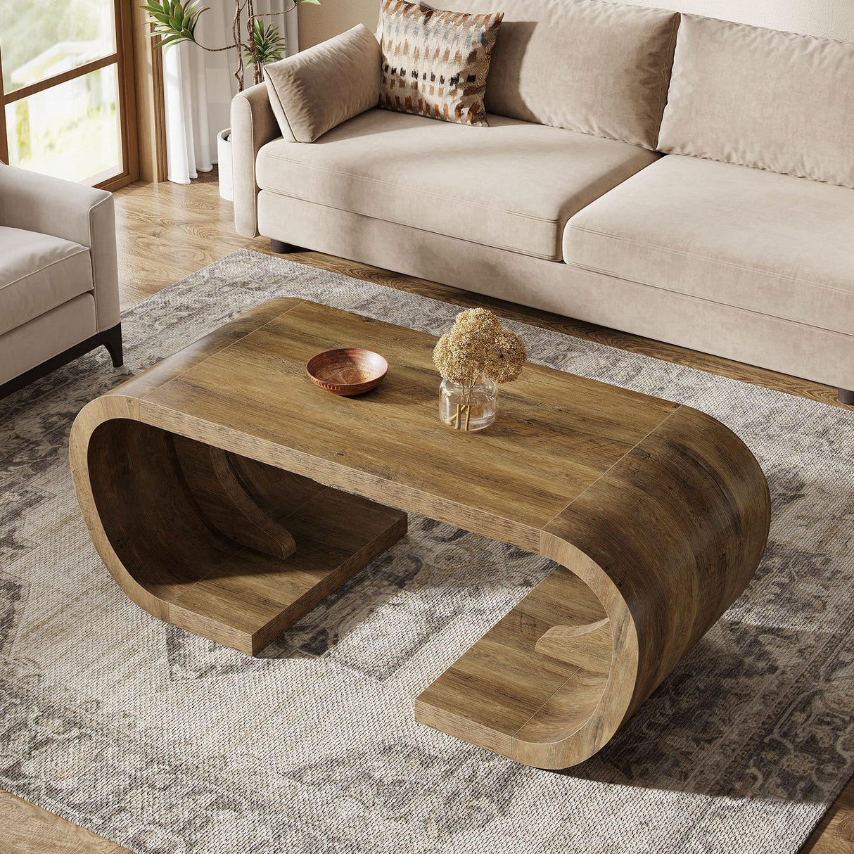 Tribesigns Farmhouse Coffee Table, 47" Heavy Duty C-Shaped Center Table with Curved Base, Large Tea Table for Living Room, Entertainment Room, Home Office, Rustic Brown Tribesigns