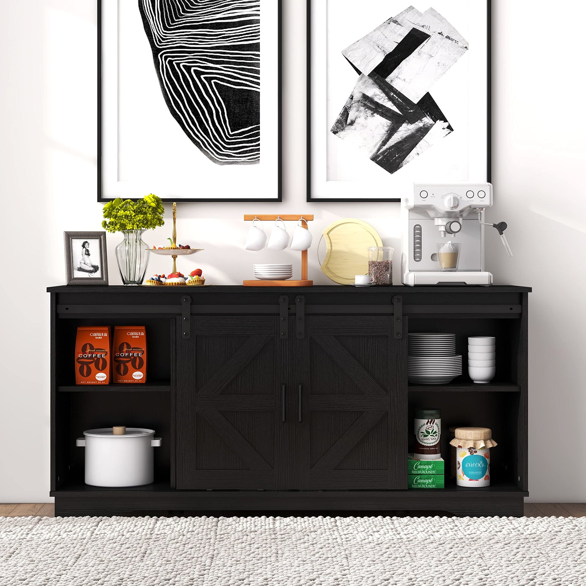 Panana Bar Cabinet with Barn 2 Sliding Doors Buffet Farmhouse Storage Cabinet TV Stand (Black) - WoodArtSupply