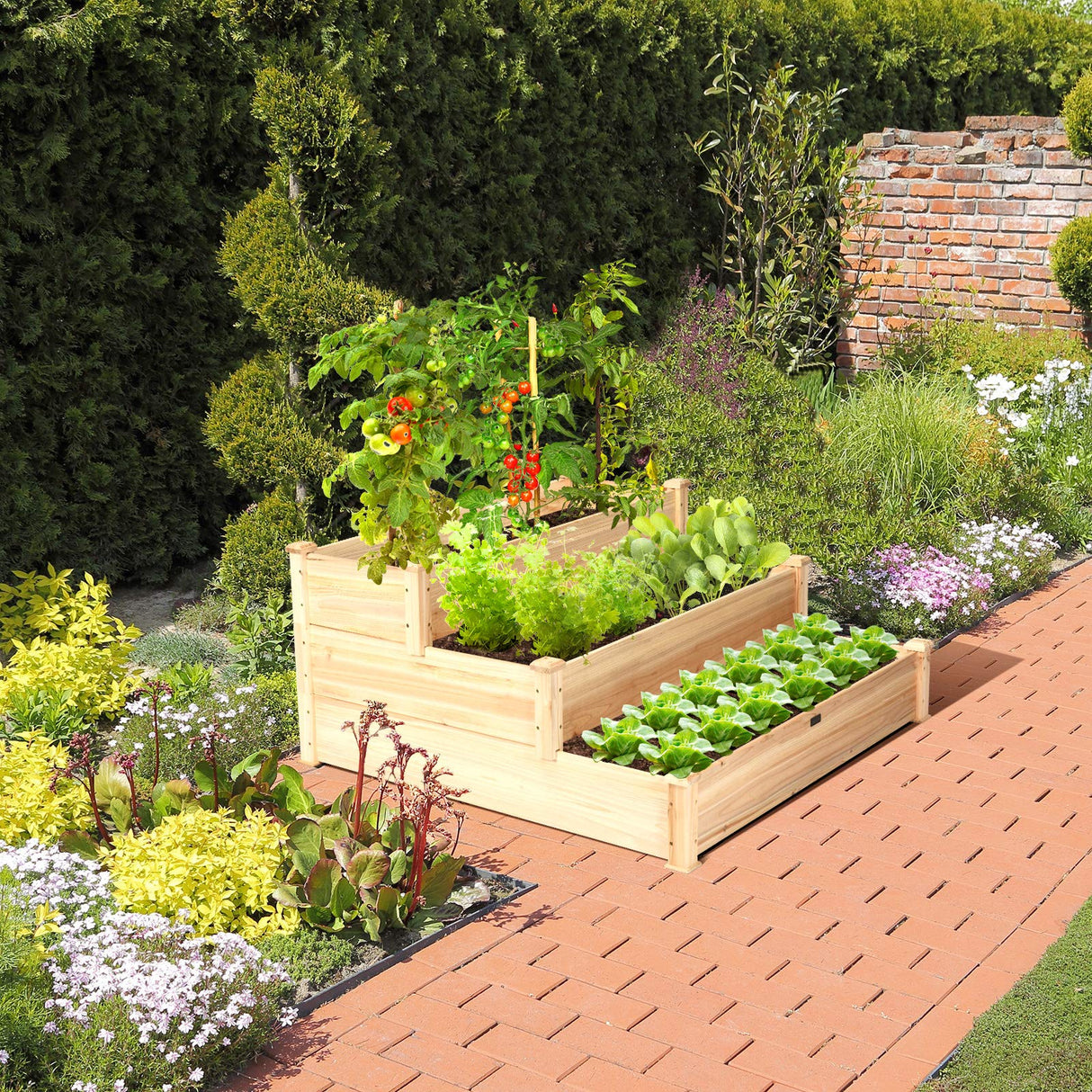 S AFSTAR 3-Tier Raised Garden Bed, Wood Elevated Planter Box with 3 Dividable Bed Kit, Outdoor Above Ground Garden Beds for Plants Herbs Vegetables, Stackable & Flat Arrangement, 49"L x 49"W x 22"H S AFSTAR