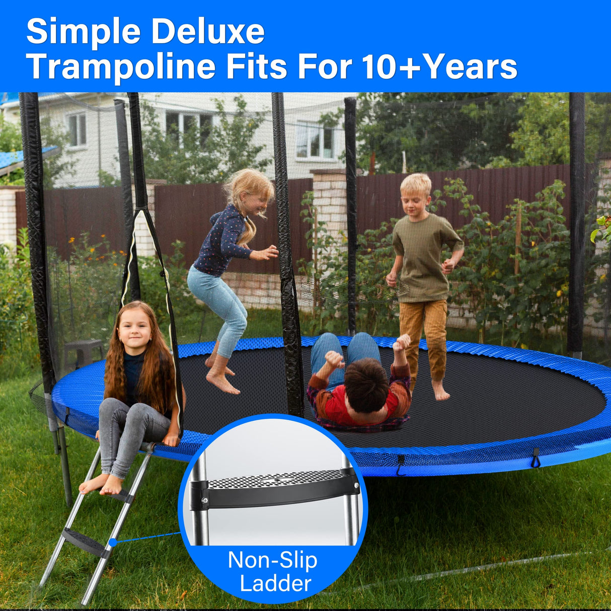 Simple Deluxe Trampoline for Kids with Safety Enclosure Net Wind Stakes 400LBS Weight Capacity 12FT Recreational Trampolines with Ladder Blue Outside Net Simple Deluxe