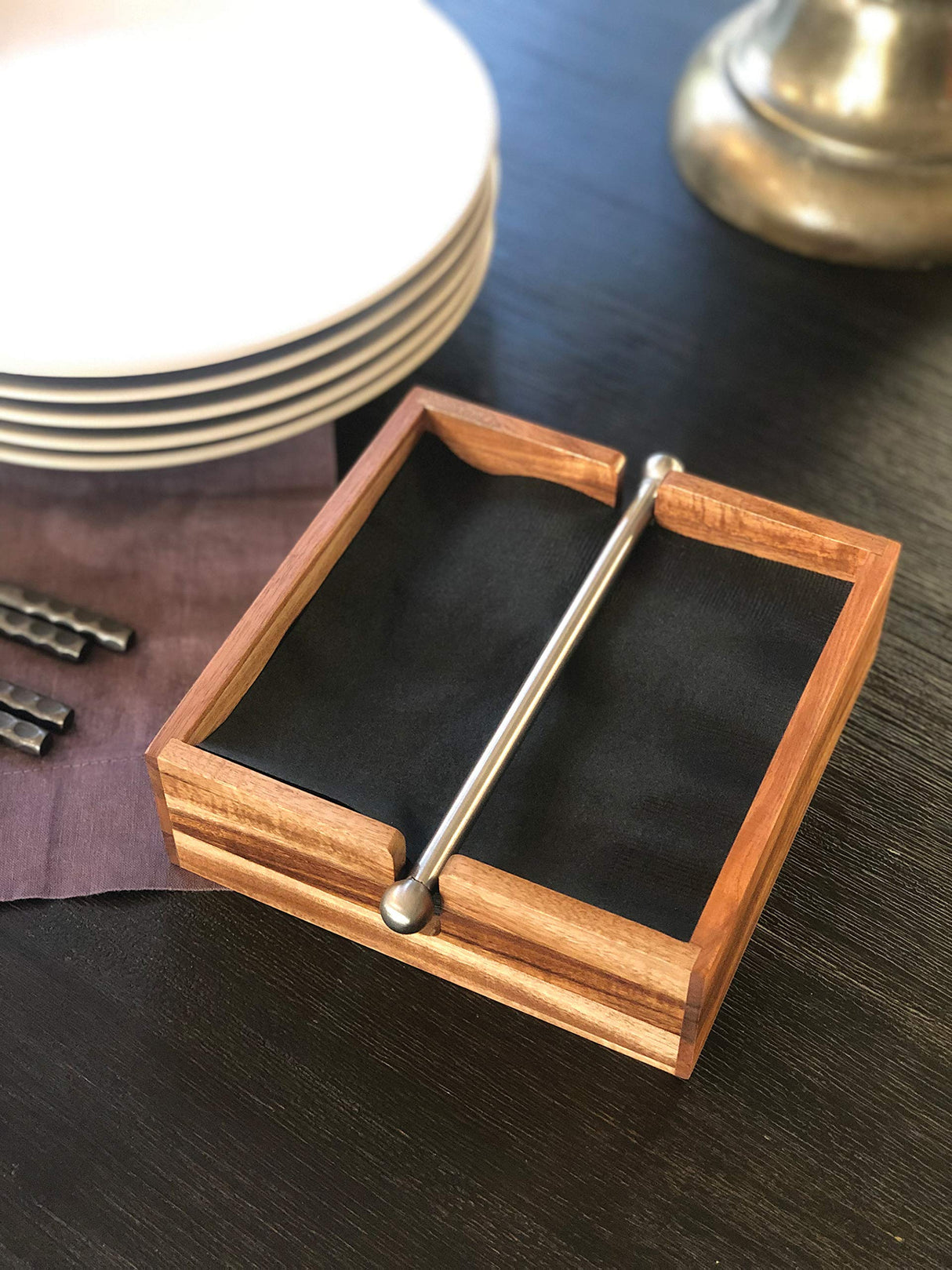 Ironwood Gourmet Acacia Wood Napkin Holder with Weighted Stainless Steel Center Bar, 6.25-Inches, Brown Ironwood Gourmet