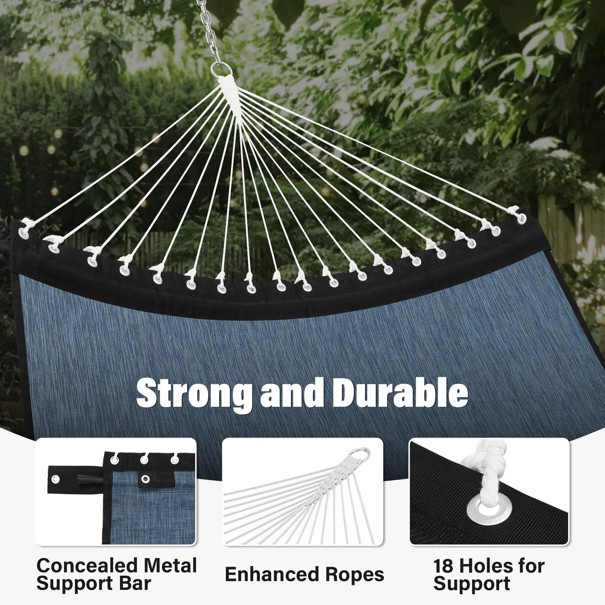 Patio Watcher 13 FT Quick Dry Olefin Hammock - Outdoor Double Hammock with Metal Curved Spreader Bars - 450 lbs Capacity - Dark Blue Patio Watcher