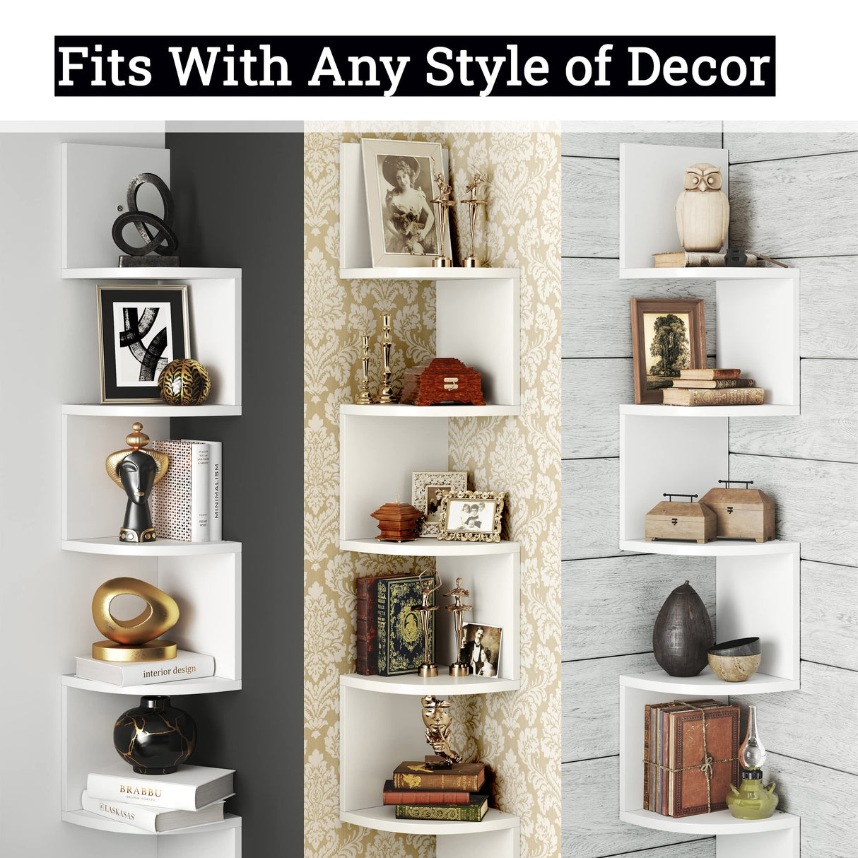 Greenco 5-Tier Floating Corner Shelves, Wall Organizer Storage, Easy-to-Assemble Wall Mount Shelves for Bedrooms, Bathroom, Kitchen, Offices, and Living Rooms(Rustic White Finish) Greenco