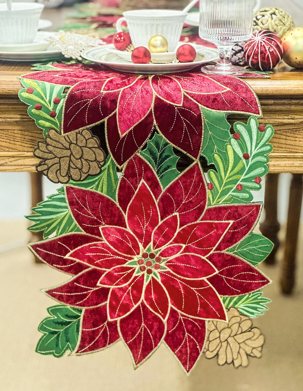 KEVA Holiday Christmas Table Runner 72 inches Long, Embroidered Red Velvet Poinsettia Cutwork Christmas Table Decorations for Home and Kitchen, Red Table Runner 13 Inch x 72Inch KEVA