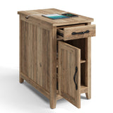 LINSY HOME Farmhouse End Table with Charging Station, Narrow Side Table for Living Room, Sofa Side Table with Drawer and Storage Cabinet, Small Nightstand for Bedroom LINSY HOME
