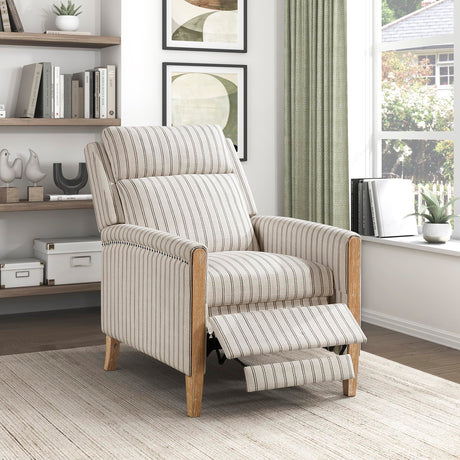Lexicon Pushback Recliner Chair, Striped Textured Fabric Accent Armchair, Push Back Recliner, Nailhead Trim, Solid Wood Legs, Easy Assembly for Living Room/Office/Apartment, White/Grey Lexicon
