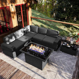 Vakollia 7 Pieces Patio Furniture Set with 44" Propane Gas Fire Pit Table, Outdoor Sectional Wicker Conversation Sofa Sets with Coffee Table Vakollia