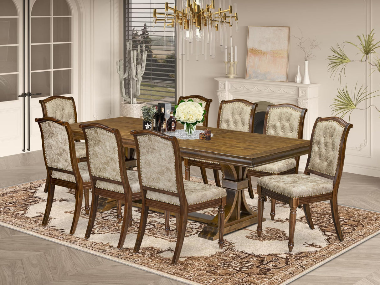 Luxe by East West Furniture LEMA9-AWA-36 9 Pieces Kitchen Table Set Includes a Rectangular Dining Table and 8 Light Beige Polyester Fabric Dining Chairs, Antique Walnut Finish Luxe by East West Furniture