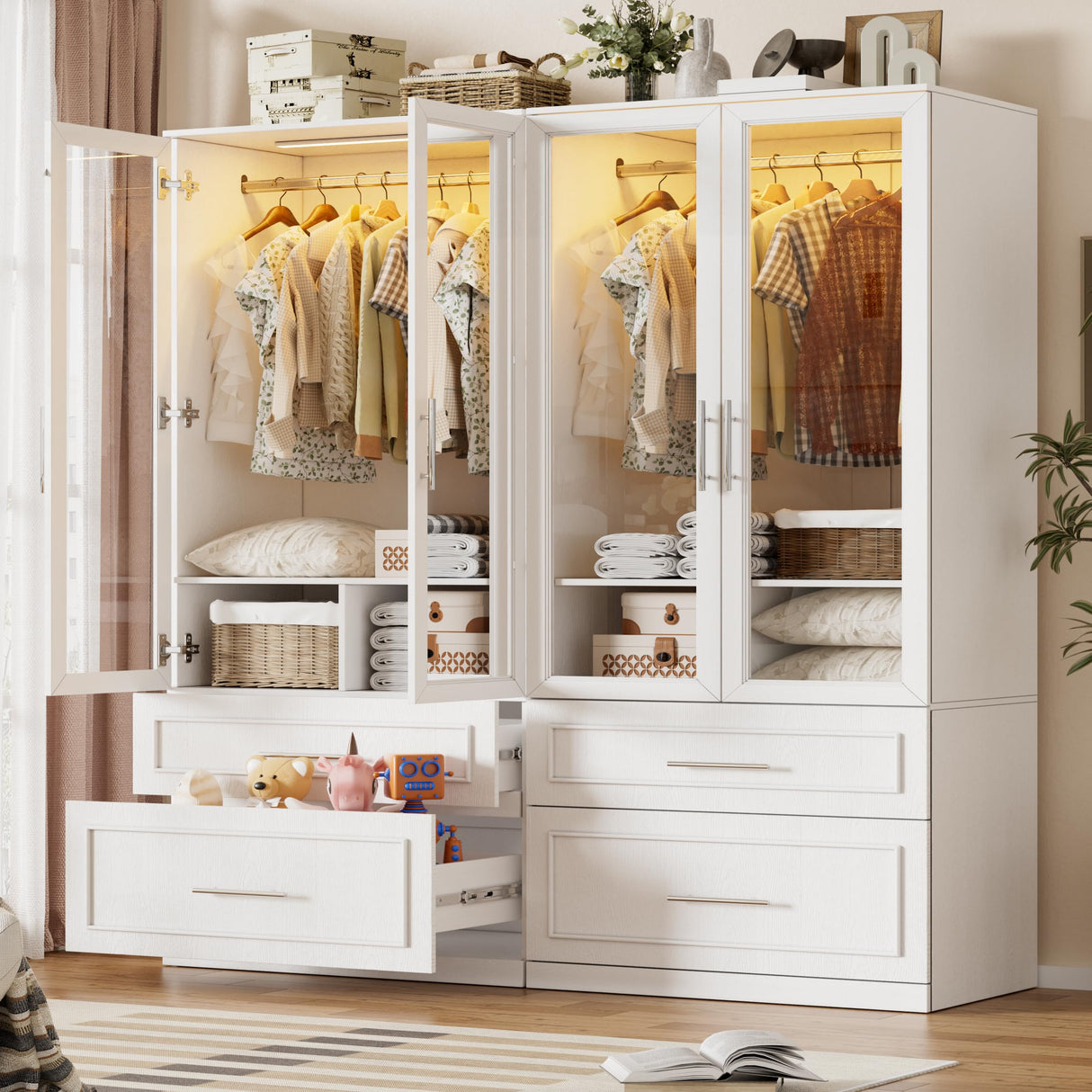 PAKASEPT Armoire Wardrobe Closet with Glass Door and Drawers, Bedroom Closet Wardrobe Cabinet with Hanging Rod, Lighted Freestanding Armoire Storage Cabinet for Bedroom Cloakroom White PAKASEPT