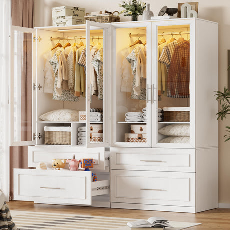 PAKASEPT Armoire Wardrobe Closet with Glass Door and Drawers, Bedroom Closet Wardrobe Cabinet with Hanging Rod, Lighted Freestanding Armoire Storage Cabinet for Bedroom Cloakroom White PAKASEPT