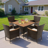 Wisteria Lane Patio Outdoor Table and Chairs Set, Rattan Outdoor Patio Furniture Set with Removable Cushions, Outdoor Patio Dining Sets with Acacia Wood Tabletop for Deck Garden Backyard, Brown Wisteria Lane